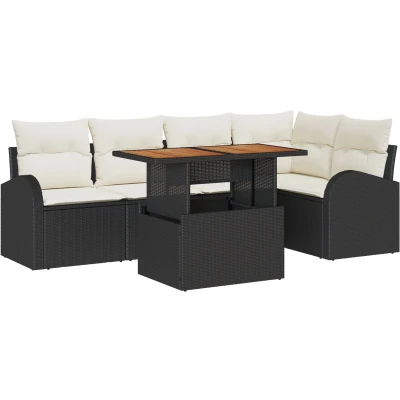 Afbeelding van vidaXL 6 Delige Tuin Sofa Set met Kussens Zwart Poly Rattan, 2 Zitter Opslag &amp; Rattan