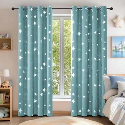 Afbeelding van Deconovo Set van 2 verduisteringsgordijnen voor slaapkamer, volwassenen, thermisch, tegen kou, ringen, isolerend, met zilverkleurig sterrenmotief, hemelsblauw, 140 x 240 cm