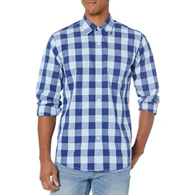 Image de Amazon Essentials Chemise en Popeline à Manches Longues, Style Décontracté, Coupe Standard Men&#039;s, Bleu Carreaux Lainés, XS