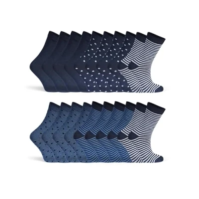 Afbeelding van Basic Treasure 10 paar damessokken met strepen en stippen, kleurrijke gestreepte sokken meerkleurig blauw grijs zwart patroon, Blauwe mix