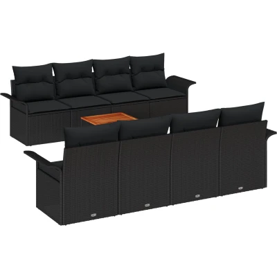Afbeelding van vidaXL 9 delige Tuin Sofa Set met Kussens Zwart Poly Rattan Acacia, 2 zits Opslag &amp;