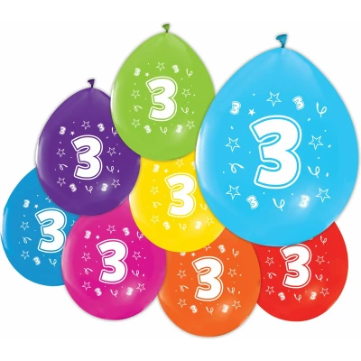 Afbeelding van Ballonnen 2 zijdig Geprint Cijfer 3, 8st.