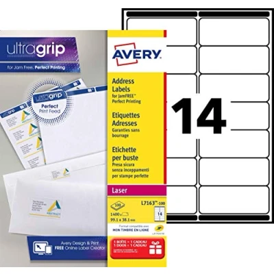 Afbeelding van AVERY (L7163 100) Doos met 1400 zelfklevende adreslabels, personaliseerbaar en bedrukbaar, formaat 99,1 x 38,1 mm, laserdruk
