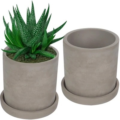 Afbeelding van Belle Vous Grijs Cementen Vetplanten Bloem Potten (2Pak) Pot met Verwijderbare Schotel Ronde Drainage Gaten Voor Kleine Planten, Bloemen, Cacti &amp; kruiden Stijl in Huizen, Kantoren Ramen
