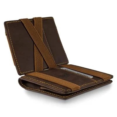 Afbeelding van WEST (Classic) Magic Wallet met Groot Muntvak, Inclusief Elegante Geschenkdoos Leren Portemonnee Heren Muntvak Pasjeshouder , RFID Gegevensbescherming (Bruin Oranje)