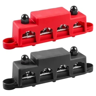 Afbeelding van VEGOATY Set van 2 verdeelstangen 12V 48V DC 250A BusBar met 4 M8 klembouten, krachtige module deksel, voor auto, marine, accusysteem