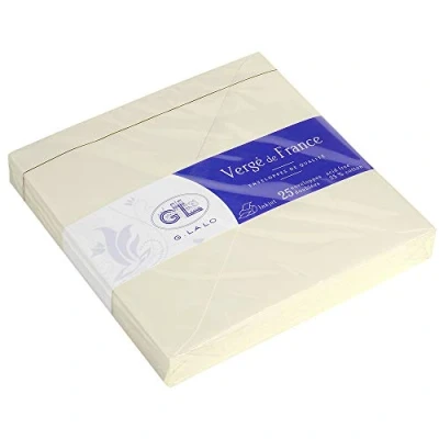 Afbeelding van LALO 22016L pakket met 25 rubberen en gevoerde enveloppen, formaat vierkant (14 x 14 cm), 100 g/m², kleur: ivoorkleurig, hoogwaardige kwaliteit, premium papier, Vergé de France