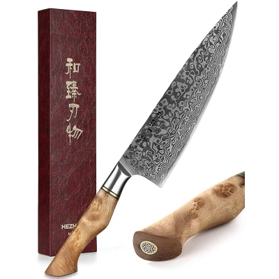 Afbeelding van Professioneel 8&quot; Koksmes VG10 Damascus staal (67 lagen) HEZHEN B30 Series Handvat van Plataanhout met Klinknagel Mozaïek
