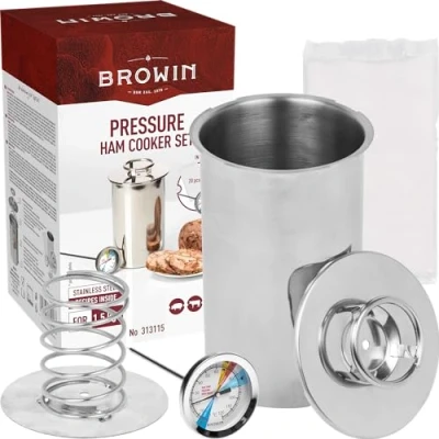 Afbeelding van Browin 313115 roestvrijstalen hamkoker 1,5 kg zilver set met thermometer voor koken en zakjes het maken van zelfgemaakte vleeswaren 11 x 18 cm
