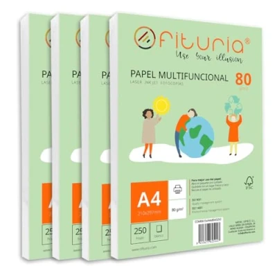 Afbeelding van Lot de feuilles A4 80 g avec 1000 blanches, papier multifonction pour usage scolaire et environnement travail. Idéal imprimantes laser, à jet d&#039;encre ou photocopieuses. Ofituria