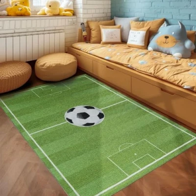 Afbeelding van kindertapijt, voetbalstadion, groen tapijt, 120 x 170 cm, kinderkamer tapijt
