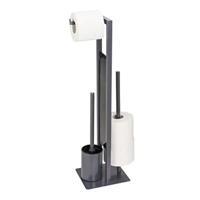 Afbeelding van Rivalta staande toiletset, vrijstaande toiletset met toiletborstel, toiletpapier en reserverolhouder, mat gelakt staal, scheidingsplaat van veiligheidsglas, 18 x 70 23 cm, grijs