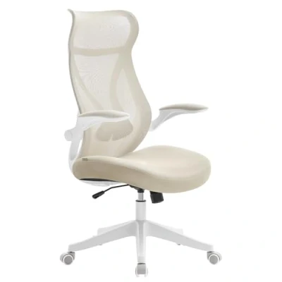 Afbeelding van SONGMICS Bureaustoel, fauteuil, ergonomische rugleuning, in hoogte verstelbaar, inklapbare armleuningen, draaibaar met hoofdsteun, capaciteit 150 kg, cappuccino beige OBN088K01