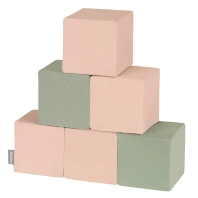 Afbeelding van KiddyMoon Lot de 6 cubes en mousse pour bébé Jouets Montessori avec et beaucoup plaisir les enfants, fabriqué dans l&#039;UE, blocs : sauge beige