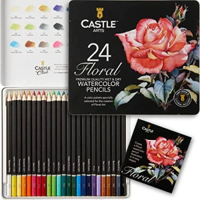 Afbeelding van Castle Art Supplies Aquarelpotlodenset &quot;Botanic&quot;, 24 intense kleuren, teken en schilder tegelijk, voor volwassen kunstenaars om cadeau te geven, speciale doos van metaal