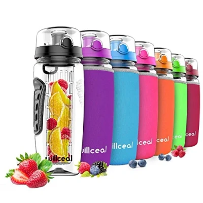 Afbeelding van willceal Waterfles met fruitinzetstuk, 0,95 l, van Tritan, BPA vrij, klapdeksel, lekvrij, geschikt voor sport en camping (zwart)