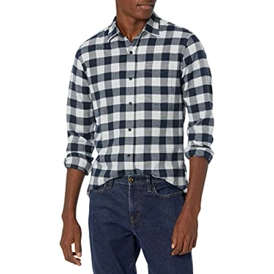 Image de Amazon Essentials Chemise en flanelle à manches longues (grandes tailles disponibles) Homme, Bleu Marine Écossais, XXL