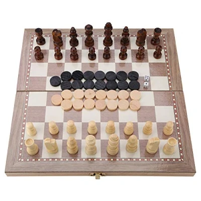 Afbeelding van Zerodis 3 in 1 bordspel dames en backgammon houten schaakspel draagbaar reistafelspel opvouwbaar bord strategiespellen speelgoed cadeau voor kinderen