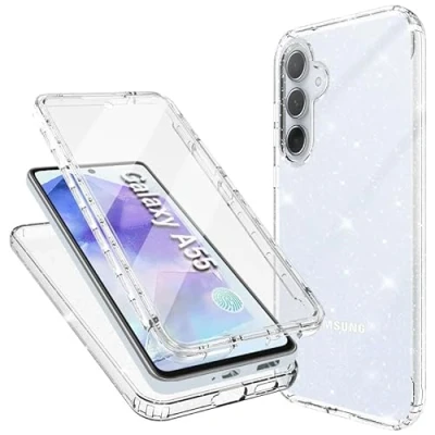 Afbeelding van Mosoris beschermhoes voor Samsung A55 5G, glitter, siliconen, schokbestendig, 360 graden, met geïntegreerde schermbescherming, zacht, TPU, bumper, transparant, Full case, retro cover,