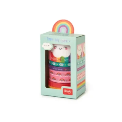 Afbeelding van Legami 5 stuks papieren plakband, band per strook, Ø 4,5 cm, H max 3 cm L m, regenboog thema, kleurrijk om op te plakken, versieren en personaliseren