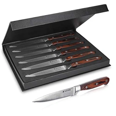 Afbeelding van Navaris steakmessen Met houten handvat 6 delige steakmessenset gekarteld lemmet Bestekset van roestvrij staal In mooie geschenkdoos