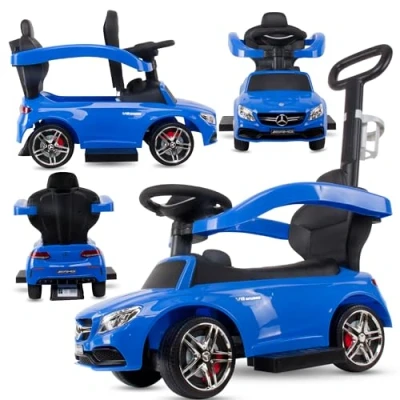 Afbeelding van sun baby Auto om te duwen met Mercedes C Class stang vanaf 12 maanden, hoge rugleuning, audiostuur, uittrekbare voetsteunen, opbergvak (blauw)