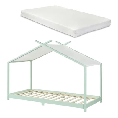 Afbeelding van Kinderbed Brome huisbed met matras 90x200 cm mint [en.casa]