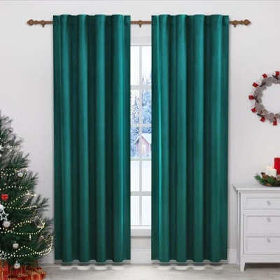Afbeelding van WOLTU Set van 2 ondoorzichtige fluwelen gordijnen met plooiband, 300 g/m², voor slaapkamer en woonkamer, 140 x 270 cm (b l), donkergroen