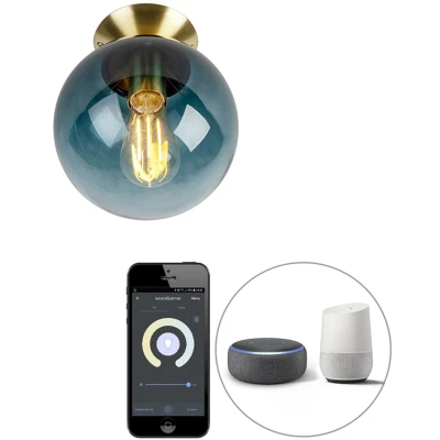 Afbeelding van QAZQA Smart plafondlamp messing met oceaanblauw glas incl. Wifi ST64