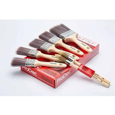 Afbeelding van ProDec Premier Trade synthetische penseelset, 7 stuks, glad, met emulsie, glanzend, gesatineerde kleuren op muren, plafonds, hout, metaal, 2 x 3,8 cm, 2, 1 7,6 incl. gratis kwast