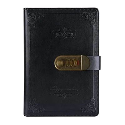 Afbeelding van NectaRoy Dagboek van PU leer, schrijfboek, dagelijkse grootte, gebonden met cijferslot, wachtwoord, notitieblok, notitieboek/dagboek, grootte 215 x 150 mm