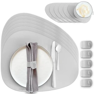 Afbeelding van MIQIO Set van 18 placemats, kunstleer, afwasbaar, 6 onderzetters, servetten, rond, grijs, steenvorm