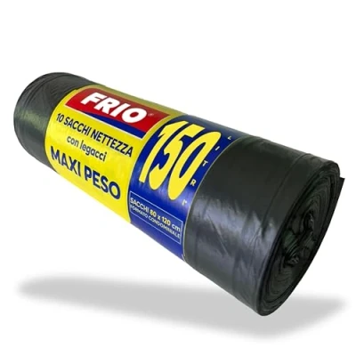 Afbeelding van FRIO 10 grote zwarte Vuilniszakken van 150 liter, condo MAXI GEWICHT afvalzakken voor afvalscheiding met verbindingen. 80 x 120 cm, meerlaags, duurzaam