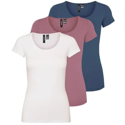 Afbeelding van VERO MODA Vmmaxi My Ss T shirt doux à col en U pour femme, Lot de 3 (Vintage Indigo, Mesa Rose, White Alyssum), M