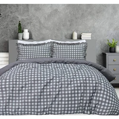 Afbeelding van Sleepdown Gingham patroon dekbedovertrekset met ruches dekbedovertrek en kussenslopen effen grijs super kingsize bed (260 x 220 cm)