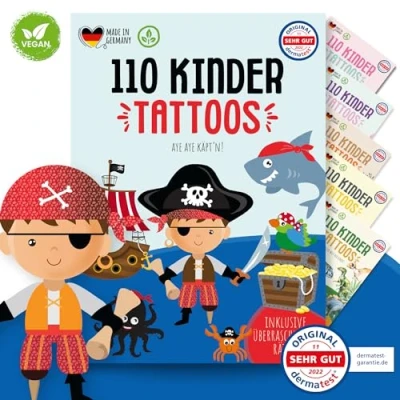 Afbeelding van MeinBaby123 110 stuks kindertatoeages, huidvriendelijk, met piraten, om op te plakken, veganistisch, made in Germany (piraten)