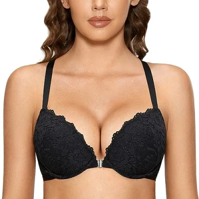 Afbeelding van DOBREVA Dames Voorsluiting Top Push Up Beha Met Beugel En Inzetstukken, Zwart, 85A