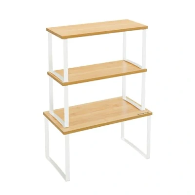 Afbeelding van SONGMICS KCS014W01 Keukenkast Organizer, 3 stuks, stapelbaar, uitschuifbare kruidenhouder, van metaal en bamboe, wolkenwit natuurlijk beige