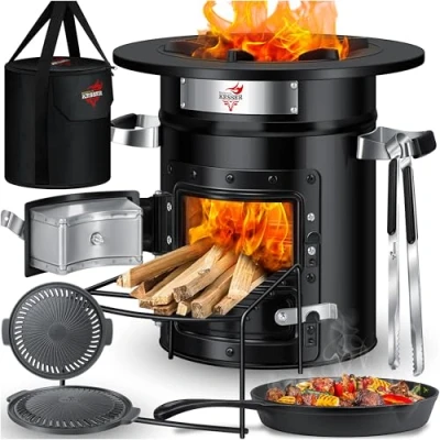 Afbeelding van Kesser® Raketoven met gietijzeren grillpan, grillplaat, grilltang en draagtas Nederlandse raket BBQ houtkachel camping outdoor kooktoestel