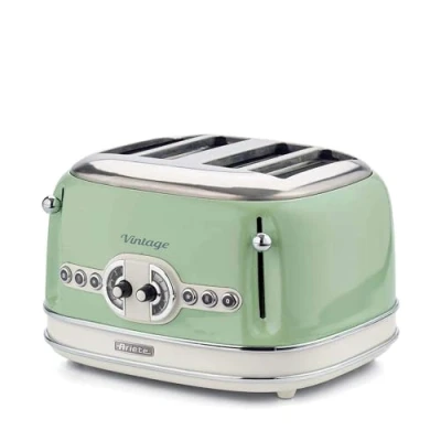 Image de Ariete Vintage 4 Slices Toaster 156, Grille Pain avec 6 Niveaux de Grillage, Éjection Automatique, Fonction Décongélation, Tiroir Ramasse Miettes Amovible, Corps en Acier Inoxydable, 1600W, Vert