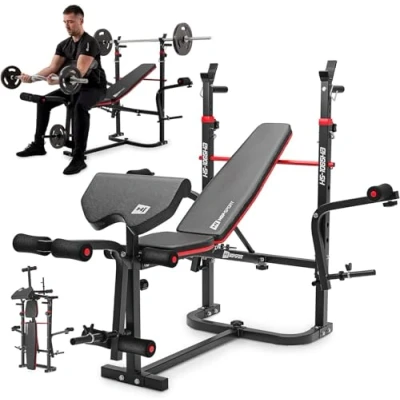 Afbeelding van Hop Sport inklapbare gewichtsbank HS 1065 met halterrek, curltafel en vlinder verstelbare trainingsbank voor bankdrukken