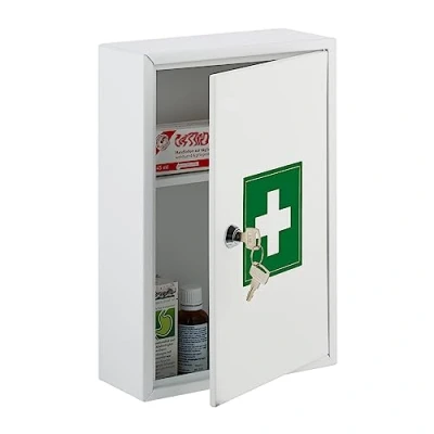 Afbeelding van Relaxdays Afsluitbare medicijnkast 2 vakken H x B D 32 21,5 9,5 cm voor medicijnen, medicijnkastje, wit/groen, ijzer, 1 stuk