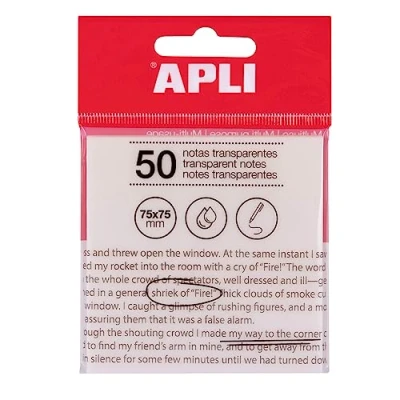 Afbeelding van APLI 19568 transparante zelfklevende notities, 75 x mm, kleur: wit, 50 vellen, waterbestendig, ideaal voor studenten en leraren.
