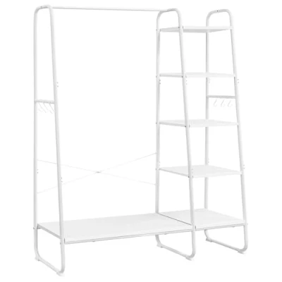 Afbeelding van VASAGLE Kledingrek, kapstok, 45 x 120 160 cm, kledingstang, schoenenrek, open kledingkast, 6 afneembare haken, voor slaapkamer, hal, wolkenwit/wit