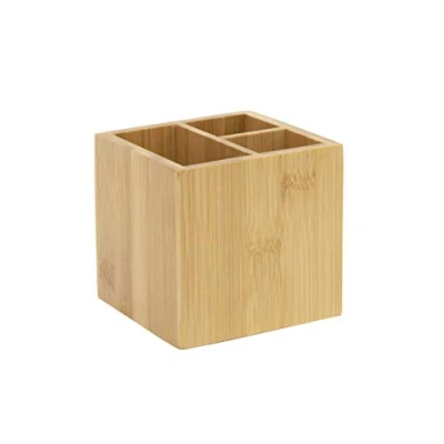 Afbeelding van OSCO Vierkante pennenhouder van bamboe met 3 vakken, houten voor bureau, bureauopslag, make up opslag, cosmetica standaard, H 10 x B 10,5 D cm