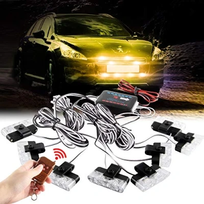 Afbeelding van Sidaqi Geel 16 leds Stroboscooplichten voor rooster, waarschuwingslichten, dashboard, politie, flashlichten auto, truck , ambulance, noodstroboscooplichten met draadloze afstandsbediening 12V