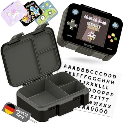 Afbeelding van BEARFOOT Bento Box Compacte lunchbox voor kinderen, BPA vrij, school en kleuterschool, lekvrije meisjes jongens, praktisch, licht compact, speelzwart, 650 ml