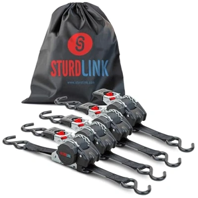 Afbeelding van Spanriem met automatische ratel, 25 mm, 3 m, S haken LC 300 daN, 600 daN in U, automatisch oprolmechanisme, ideaal voor het vastzetten op aanhanger, motorfiets, quad, auto, set van 4 + tas, EN