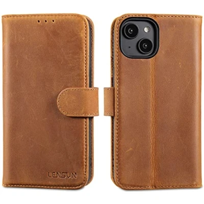 Afbeelding van LENSUN beschermhoes voor iPhone 14, van echt leer, portefeuille, RFID blokkering, met kaartvakken, magneetsluiting, bescherming Apple 14 (6,1 inch), retro bruin