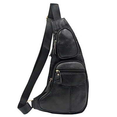 Afbeelding van Xieben Lederen schoudertas, sling borsttas, crossbody rugzak voor heren en dames, #02 zwart, One Size